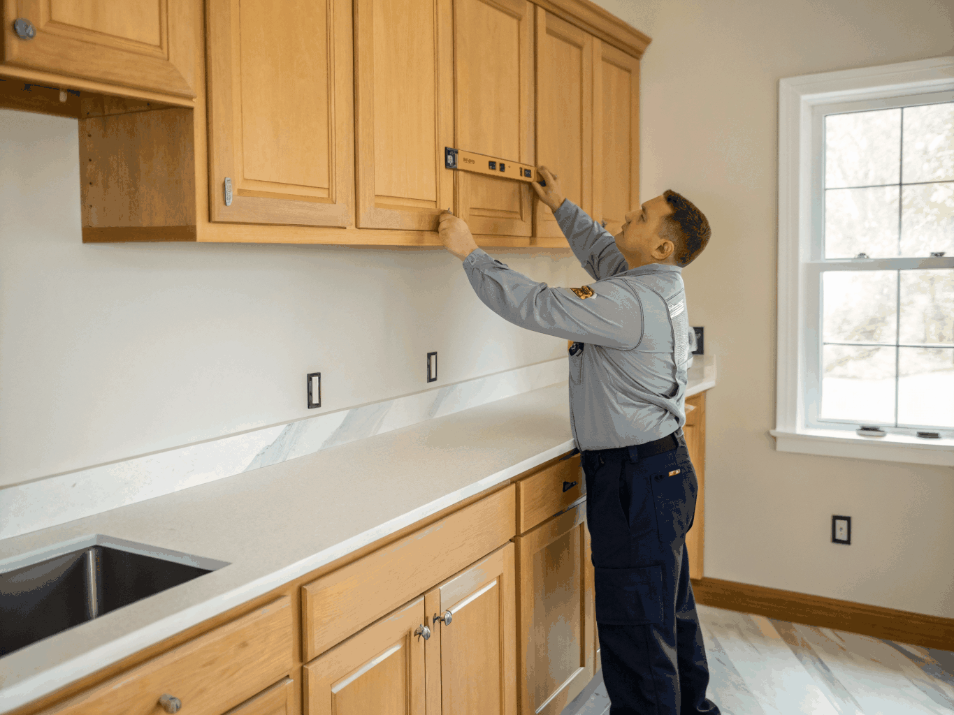 Quality craftsman inspecting kitchen renovation countertops and cabinet joinery