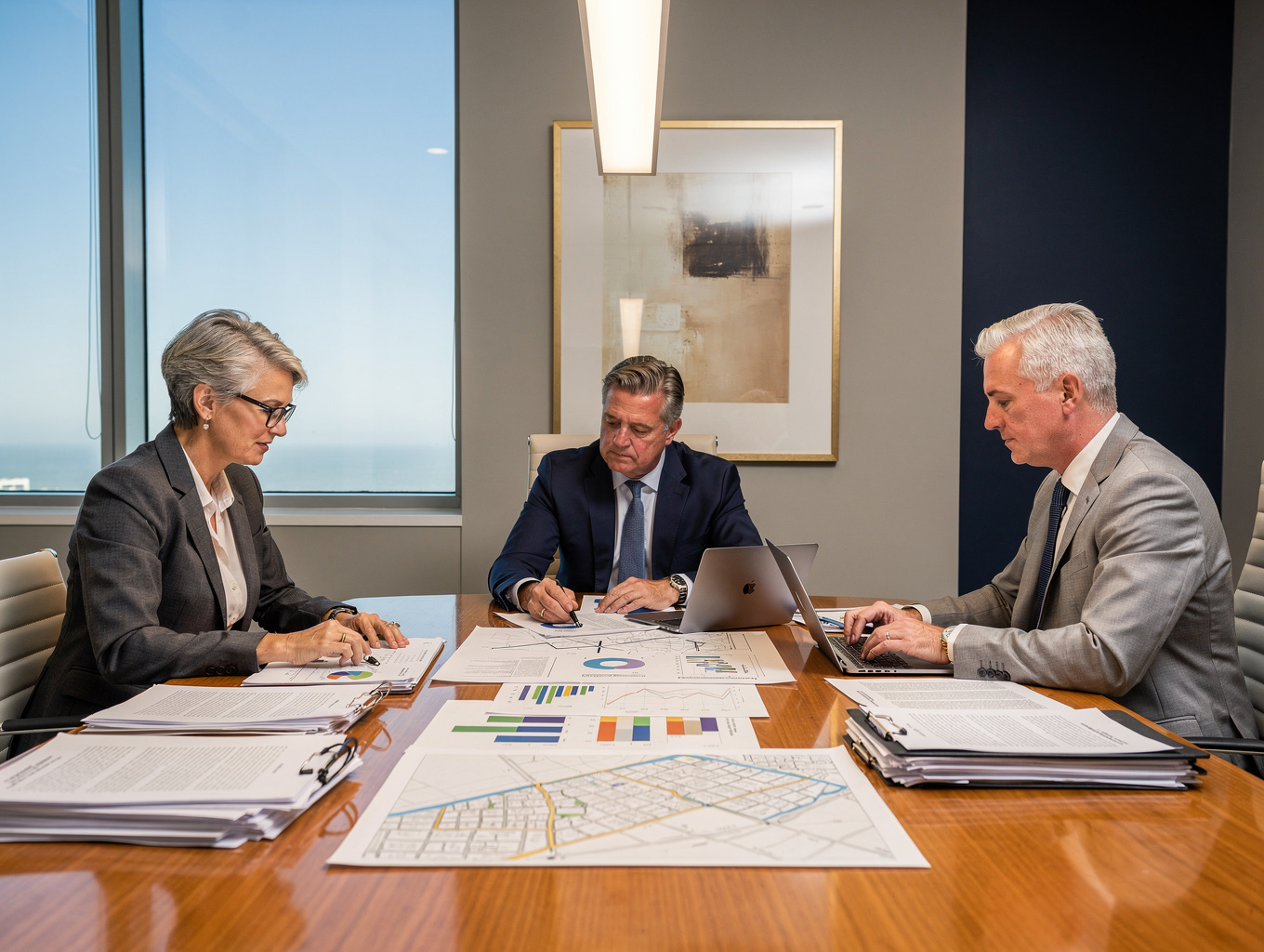 Ark Realty Group leadership reviewing property performance inside modern Florida brokerage office