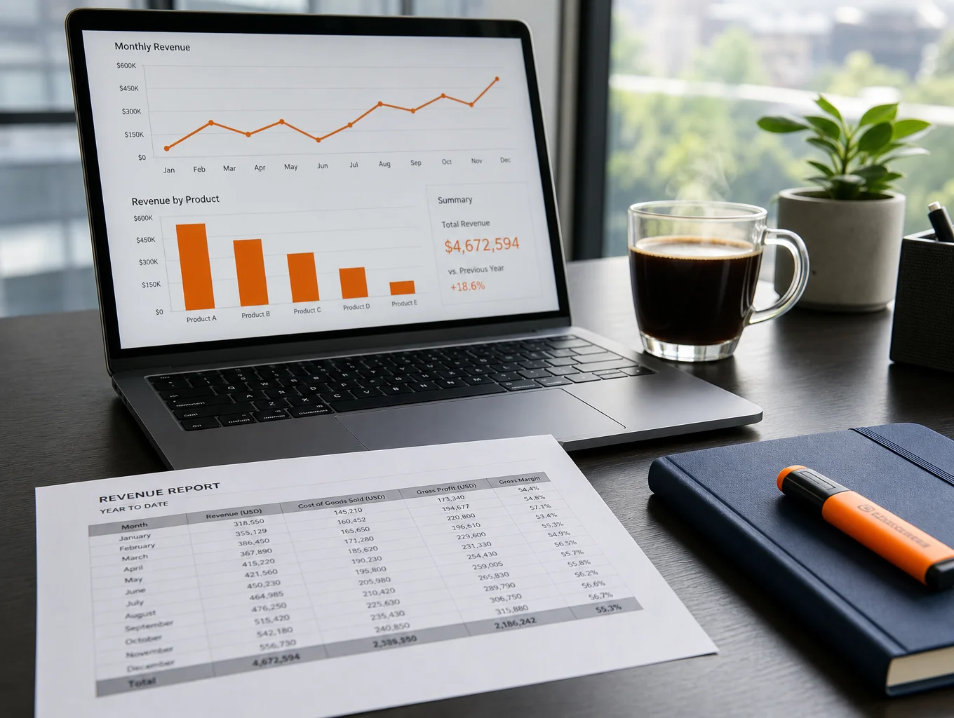 Close up of monthly real estate owner accounting ledger and itemized statement