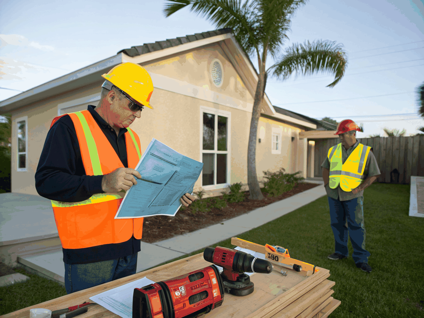 Senior construction supervisor examining physical residential renovation specifications